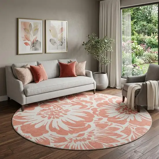 8' Salmon And Ivory Floral Washable Round Rug With UV Protection Photo 1