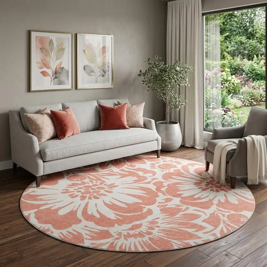8' Salmon And Ivory Floral Washable Round Rug With UV Protection Photo 1