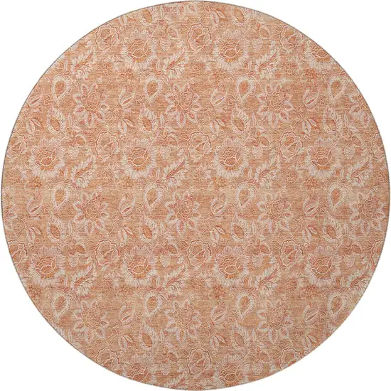 8' Salmon And Ivory Floral Washable Round Rug With UV Protection Photo 3