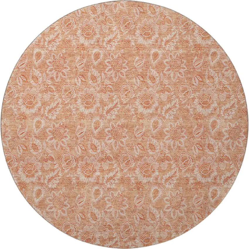 8' Salmon And Ivory Floral Washable Round Rug With UV Protection Photo 3