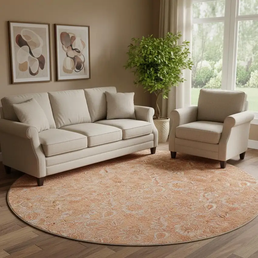 8' Salmon And Ivory Floral Washable Round Rug With UV Protection Photo 1