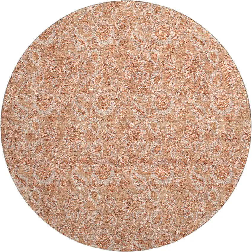 8' Salmon And Ivory Floral Washable Round Rug With UV Protection Photo 1