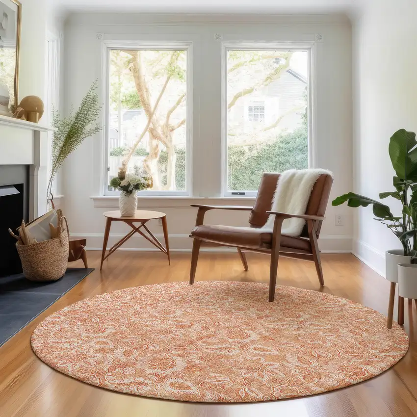 8' Salmon And Ivory Floral Washable Round Rug With UV Protection Photo 5