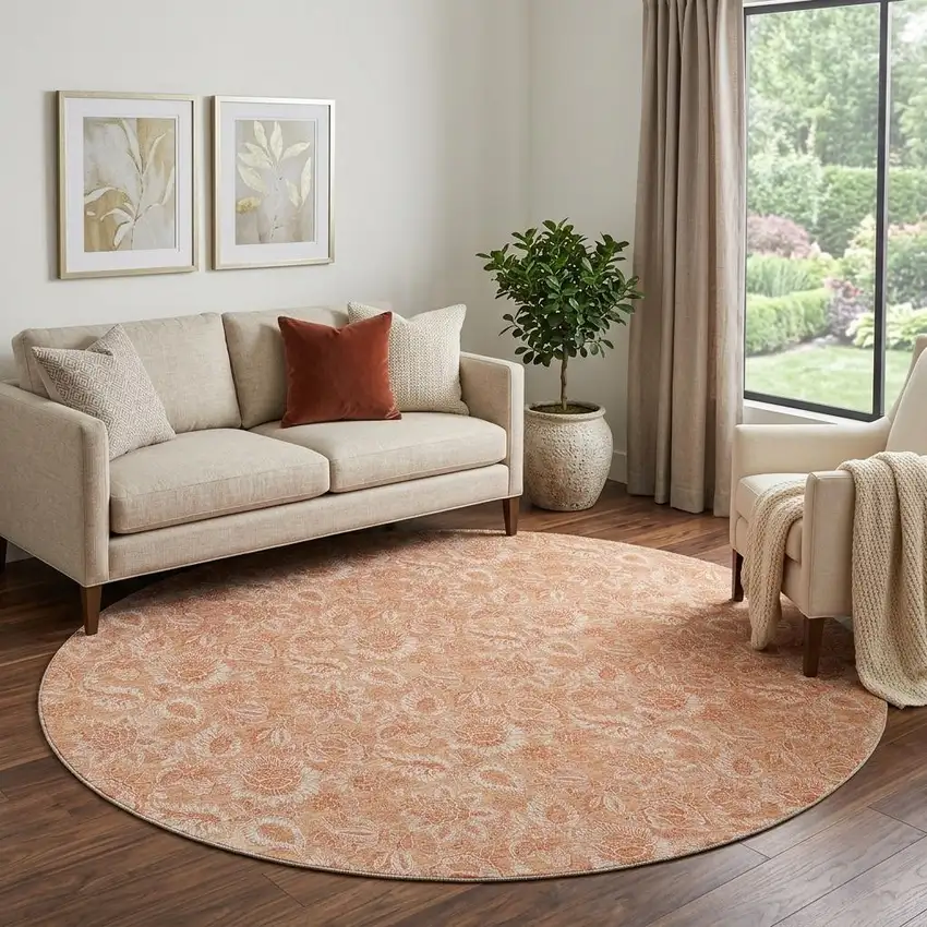 8' Salmon And Ivory Floral Washable Round Rug With UV Protection Photo 1