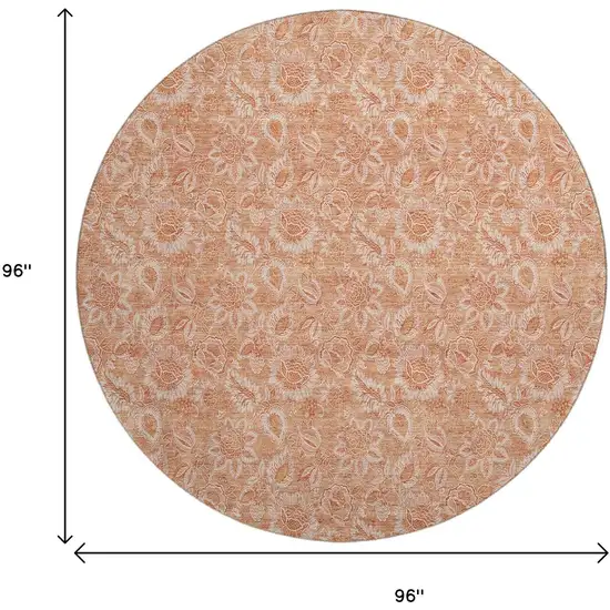 8' Salmon And Ivory Floral Washable Round Rug With UV Protection Photo 6