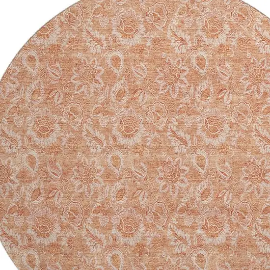 8' Salmon And Ivory Floral Washable Round Rug With UV Protection Photo 4