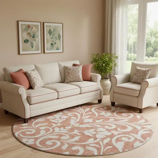 8' Salmon And Ivory Floral Washable Round Rug With UV Protection Photo 1