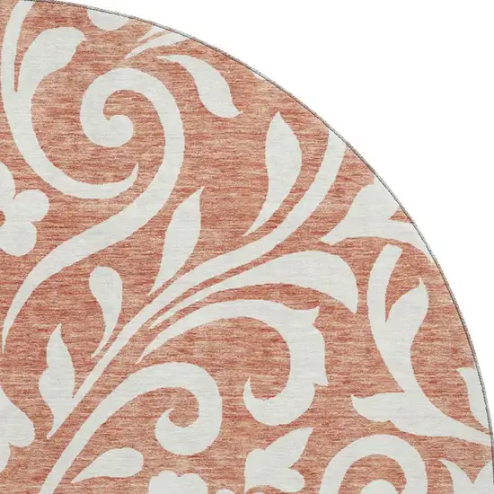 8' Salmon And Ivory Floral Washable Round Rug With UV Protection Photo 4