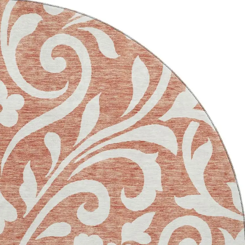 8' Salmon And Ivory Floral Washable Round Rug With UV Protection Photo 4
