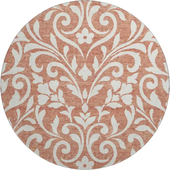 8' Salmon And Ivory Floral Washable Round Rug With UV Protection Photo 1