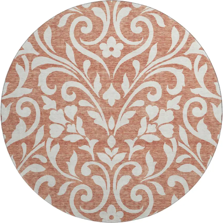 8' Salmon And Ivory Floral Washable Round Rug With UV Protection Photo 1