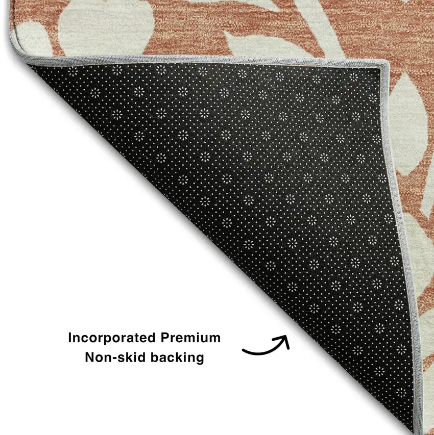 8' Salmon And Ivory Floral Washable Round Rug With UV Protection Photo 6