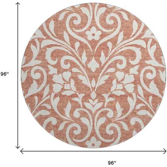 8' Salmon And Ivory Floral Washable Round Rug With UV Protection Photo 8