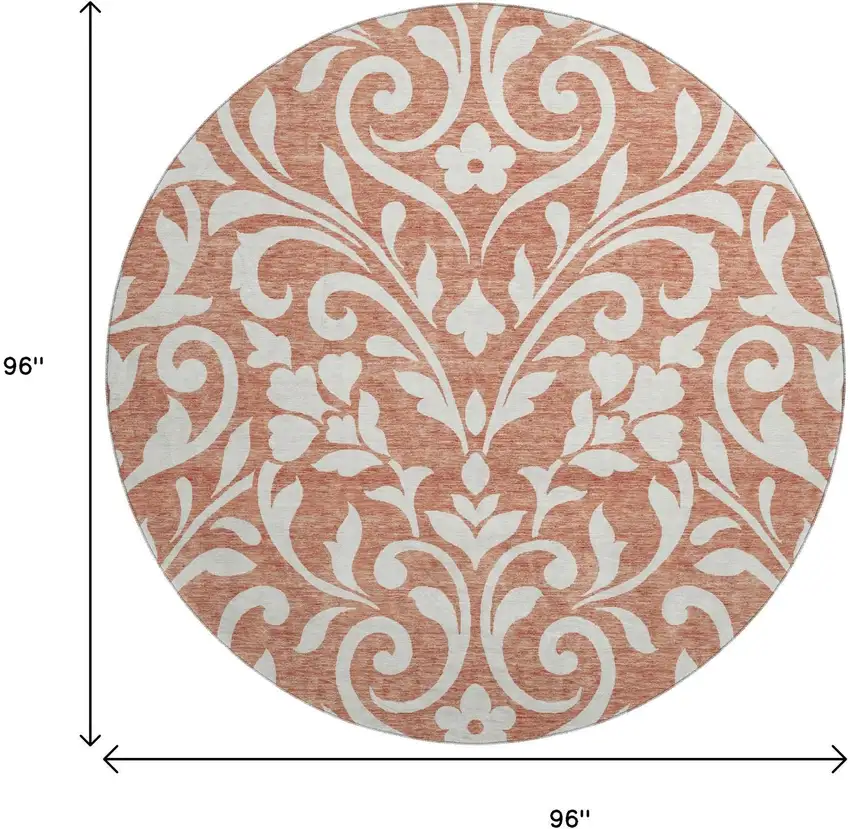 8' Salmon And Ivory Floral Washable Round Rug With UV Protection Photo 8