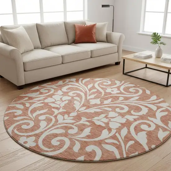 8' Salmon And Ivory Floral Washable Round Rug With UV Protection Photo 2
