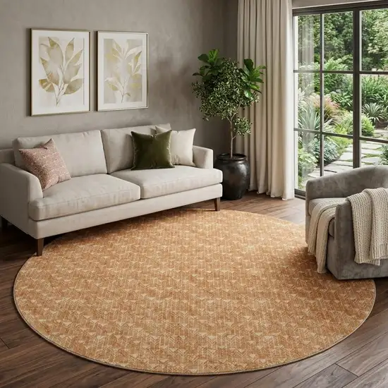 8' Salmon And Ivory Geometric Washable Round Rug With UV Protection Photo 1