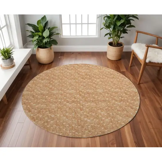 8' Salmon And Ivory Geometric Washable Round Rug With UV Protection Photo 2