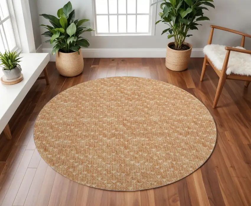 8' Salmon And Ivory Geometric Washable Round Rug With UV Protection Photo 2