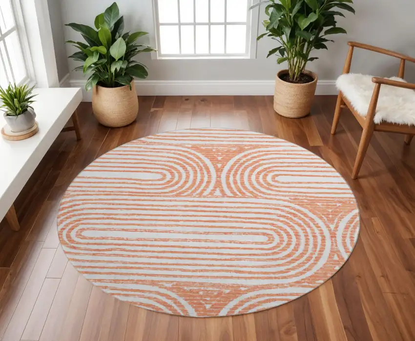 8' Salmon And Ivory Geometric Washable Round Rug With UV Protection Photo 2