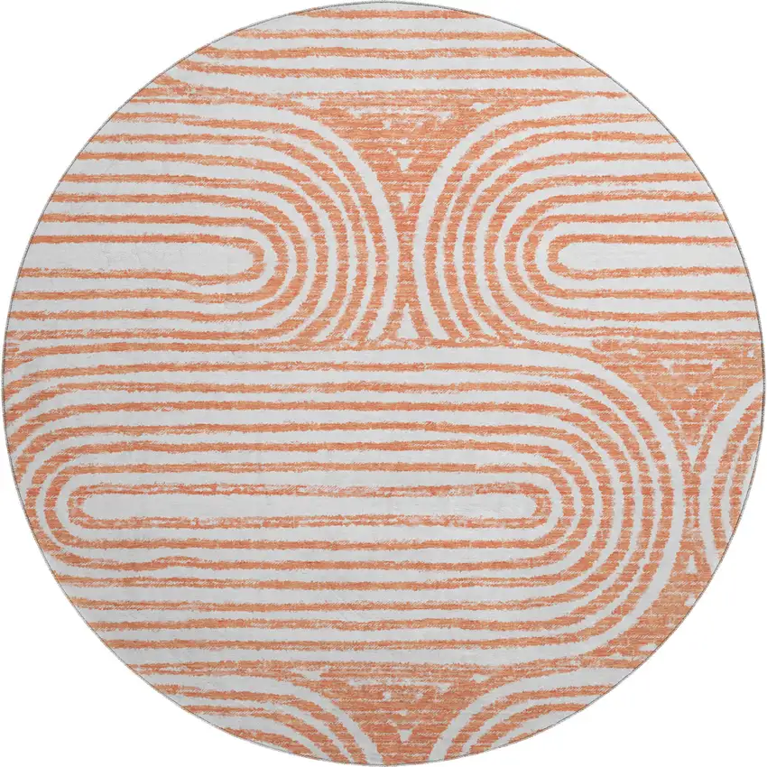 8' Salmon And Ivory Geometric Washable Round Rug With UV Protection Photo 1