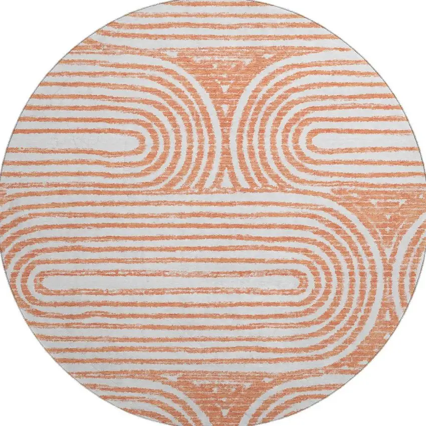8' Salmon And Ivory Geometric Washable Round Rug With UV Protection Photo 4