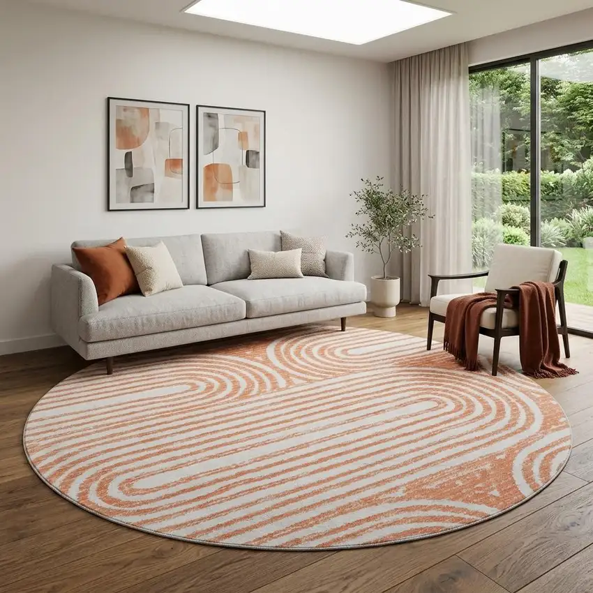 8' Salmon And Ivory Geometric Washable Round Rug With UV Protection Photo 1