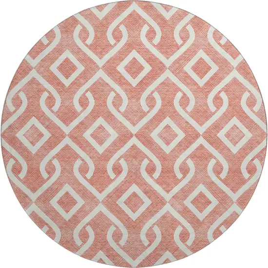 8' Salmon And Ivory Geometric Washable Round Rug With UV Protection Photo 1