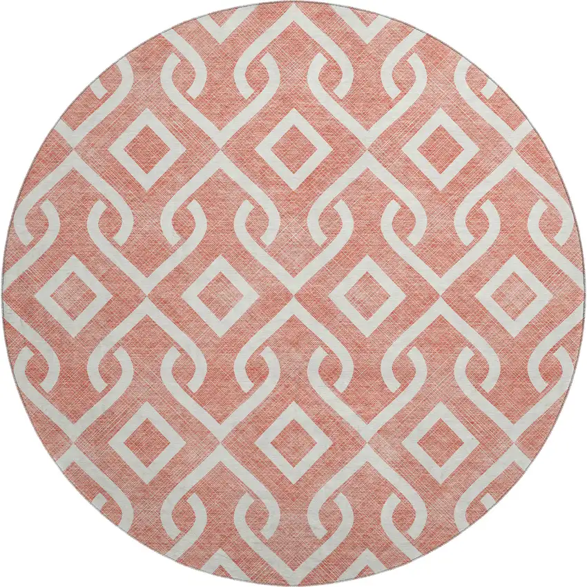 8' Salmon And Ivory Geometric Washable Round Rug With UV Protection Photo 1