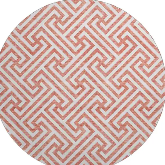 8' Salmon And Ivory Geometric Washable Round Rug With UV Protection Photo 4
