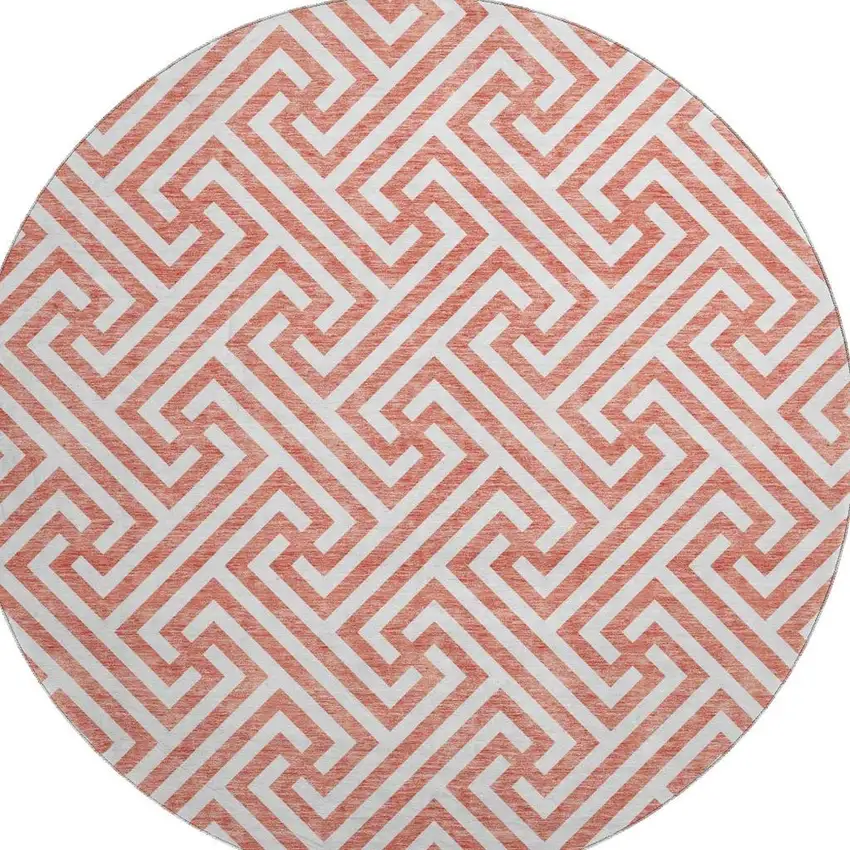 8' Salmon And Ivory Geometric Washable Round Rug With UV Protection Photo 4