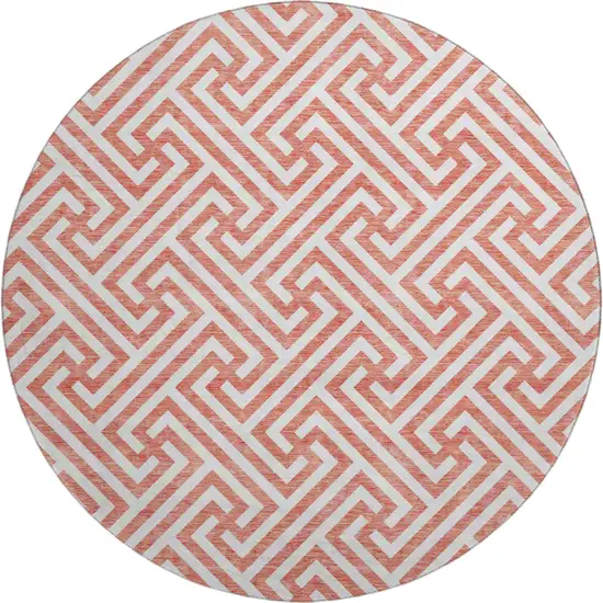 8' Salmon And Ivory Geometric Washable Round Rug With UV Protection Photo 1