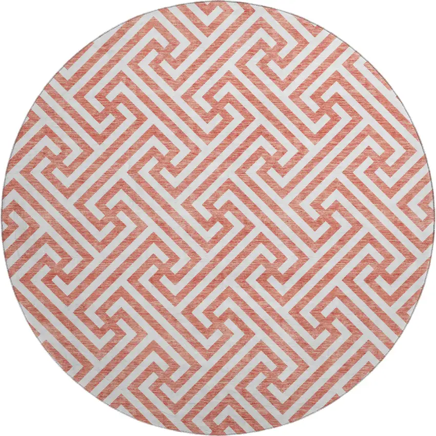 8' Salmon And Ivory Geometric Washable Round Rug With UV Protection Photo 1
