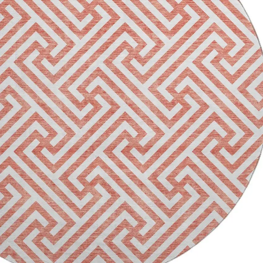 8' Salmon And Ivory Geometric Washable Round Rug With UV Protection Photo 3