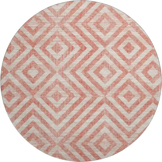 8' Salmon And Ivory Geometric Washable Round Rug With UV Protection Photo 1