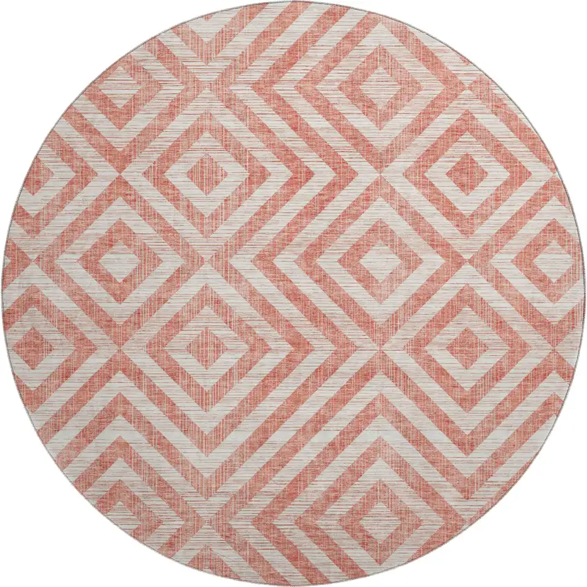 8' Salmon And Ivory Geometric Washable Round Rug With UV Protection Photo 1