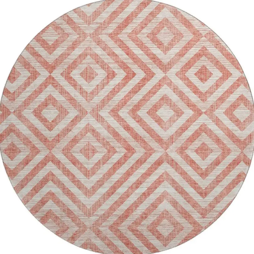 8' Salmon And Ivory Geometric Washable Round Rug With UV Protection Photo 4