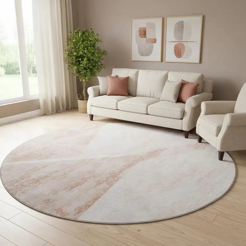 8' Salmon And Ivory Geometric Washable Round Rug With UV Protection Photo 1