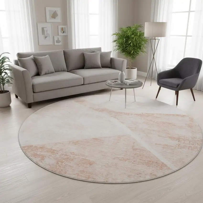 8' Salmon And Ivory Geometric Washable Round Rug With UV Protection Photo 2