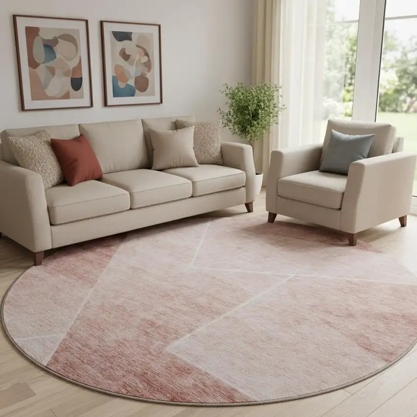 8' Salmon And Ivory Geometric Washable Round Rug With UV Protection Photo 1