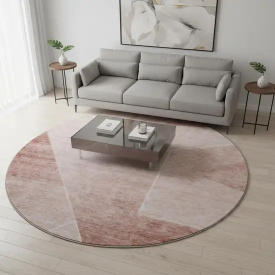 8' Salmon And Ivory Geometric Washable Round Rug With UV Protection Photo 2