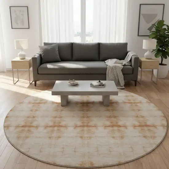 8' Salmon And Ivory Geometric Washable Round Rug With UV Protection Photo 2