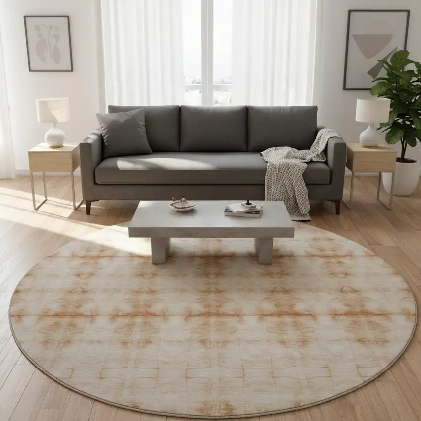 8' Salmon And Ivory Geometric Washable Round Rug With UV Protection Photo 2