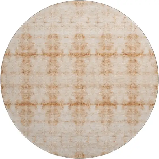 8' Salmon And Ivory Geometric Washable Round Rug With UV Protection Photo 1