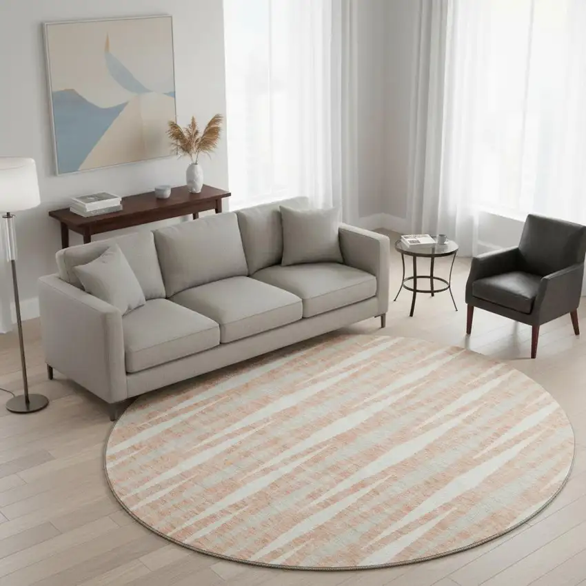 8' Salmon And Ivory Geometric Washable Round Rug With UV Protection Photo 2