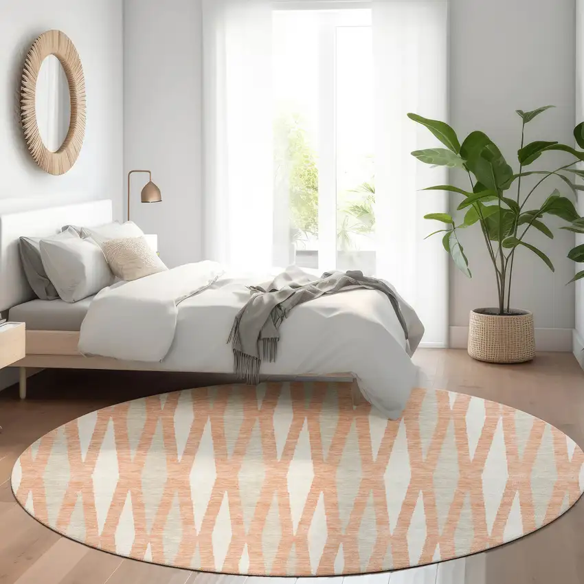 8' Salmon And Ivory Geometric Washable Round Rug With UV Protection Photo 5
