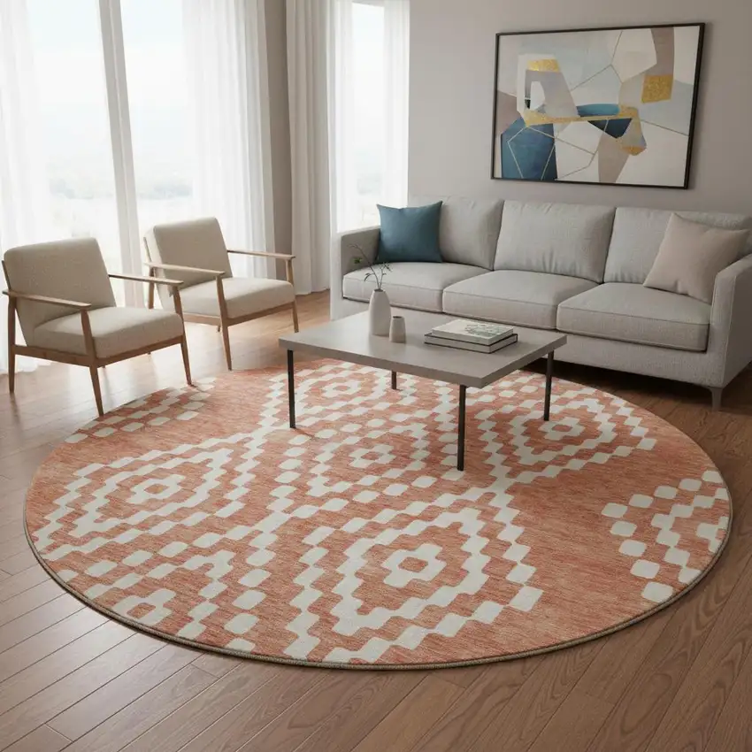 8' Salmon And Ivory Geometric Washable Round Rug With UV Protection Photo 2