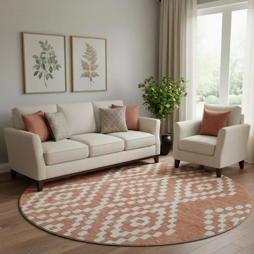 8' Salmon And Ivory Geometric Washable Round Rug With UV Protection Photo 1