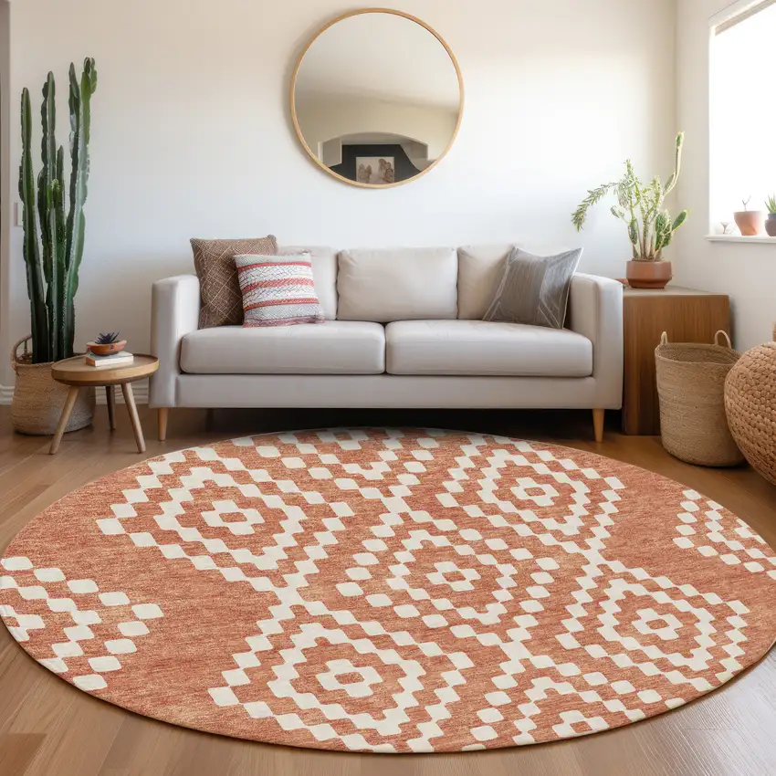 8' Salmon And Ivory Geometric Washable Round Rug With UV Protection Photo 4