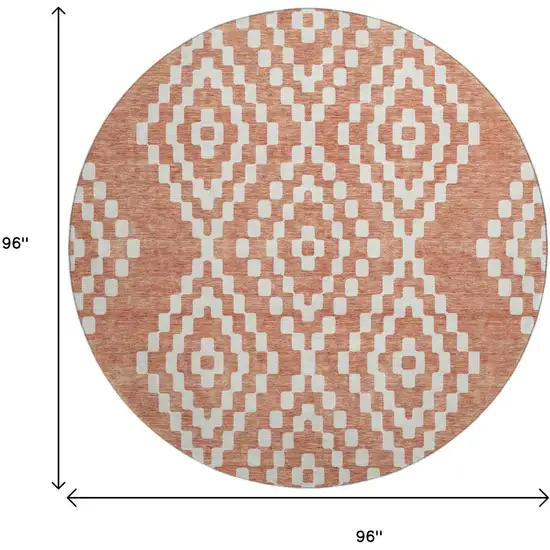 8' Salmon And Ivory Geometric Washable Round Rug With UV Protection Photo 9