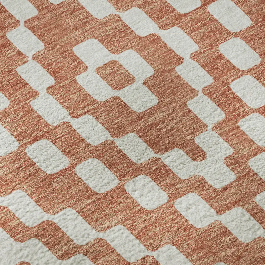 8' Salmon And Ivory Geometric Washable Round Rug With UV Protection Photo 8